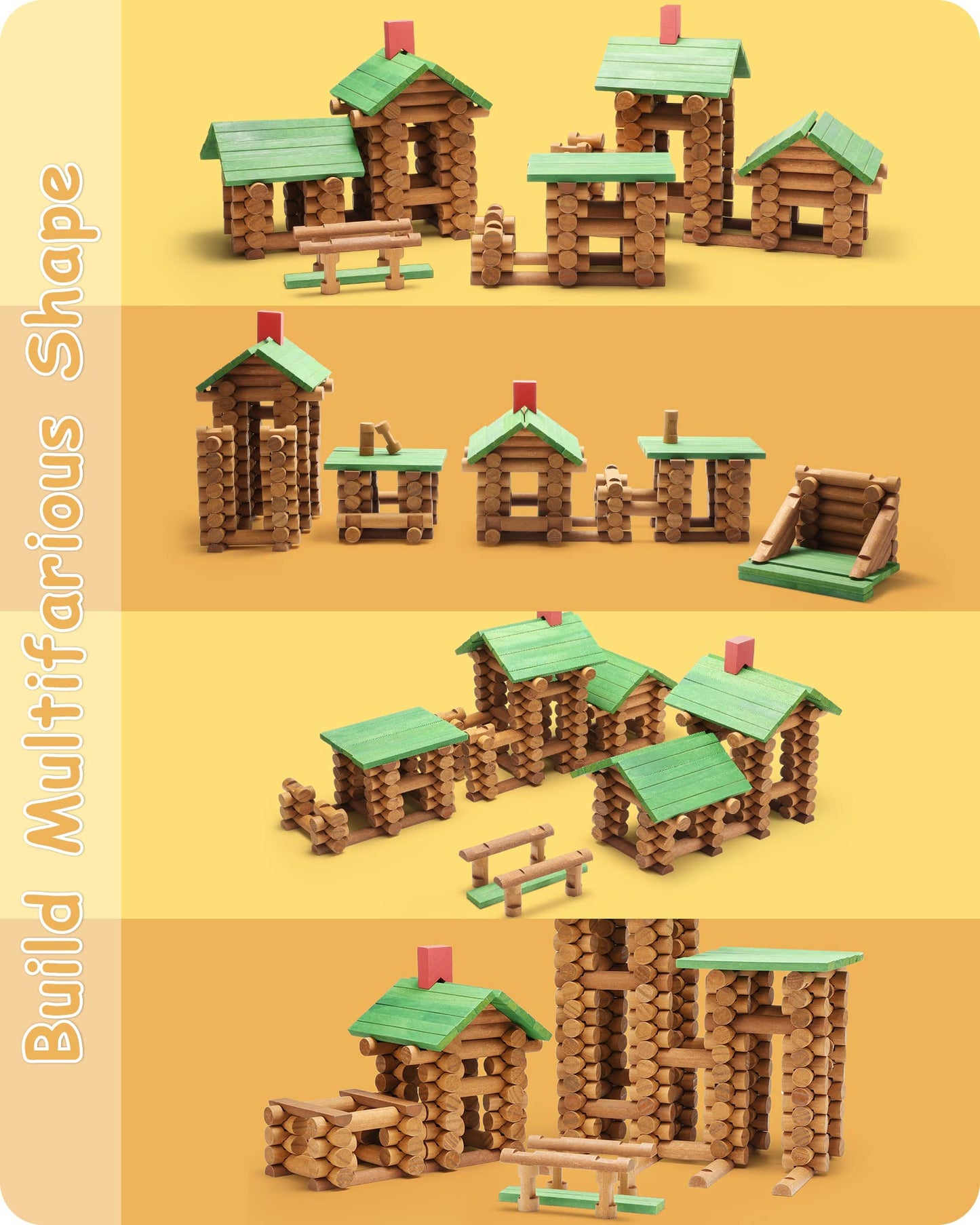 SainSmart Jr. Wooden Log Cabin Building Toy Set, 300 PCS STEM Kit for Toddlers, Brown, Model 20-353