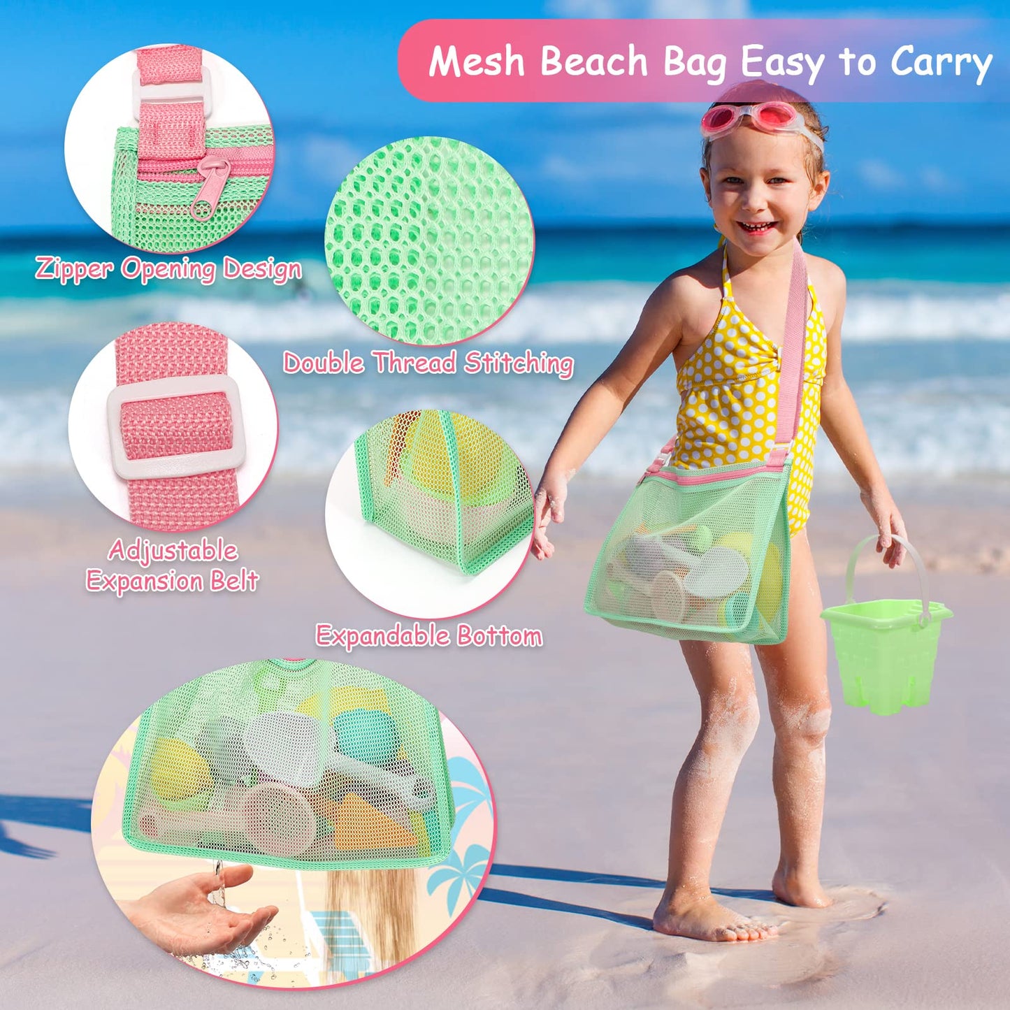 Tagitary Beach Sand Toys for Kids, Beach Toys 23PCS Set with Ice Cream Cake Sand Molds, Mesh Beach Bag, Bucket, Watering Can, Sh
