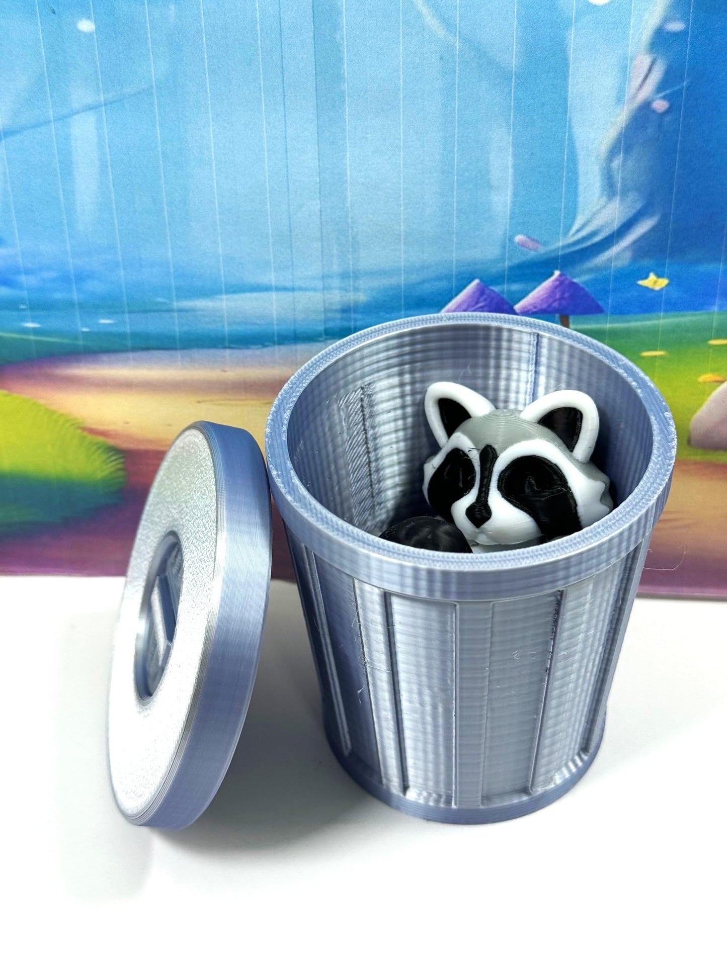 3D Printed Racoon With Trash Can, Articulated Racoon Fidget Toy For Adhd Autism, Gray, Black And White Trashcan Raccoon, Trash P