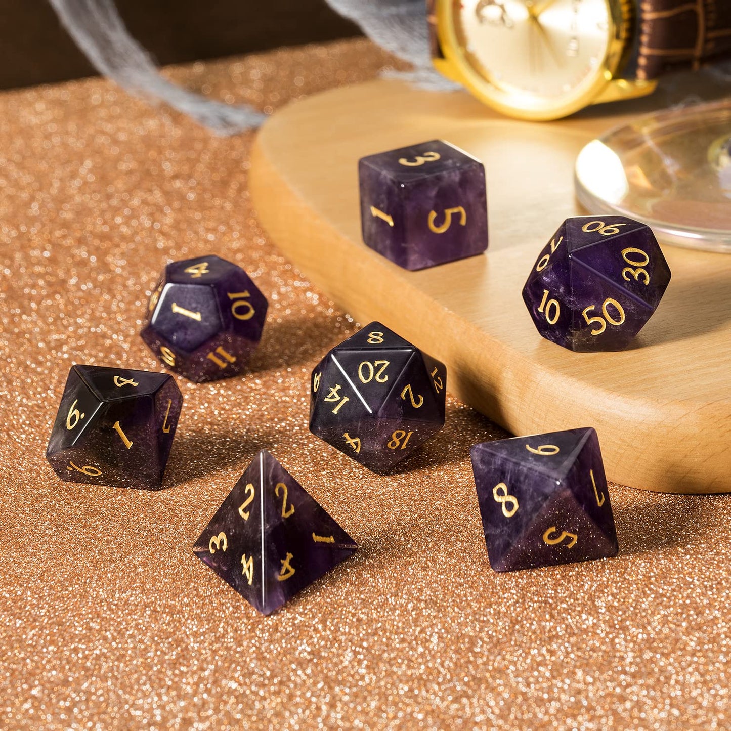D&D Cracked Frosted Glass Dice 7 Piece Purple Zircon Dice with Great Gift Case for DND Dungeons and Dragon Tabletop Game (Purple