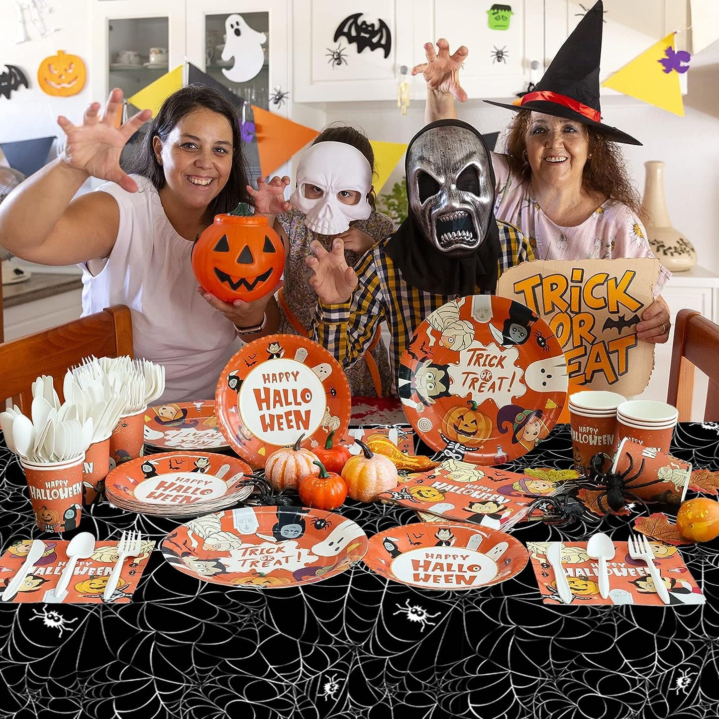 ATFUNSHOP Halloween Tablecloth Plastic 4PACKS 54 X 108 Rectangular Black Spider Web Disposable Table Cover Waterproof Spillproof