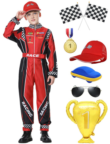 Treyrea Race Car Driver Costume Boys Racer Jumpsuit With Car Cap Kids Dress Up For Halloween (Red Set, S(For Height 46''-49''))