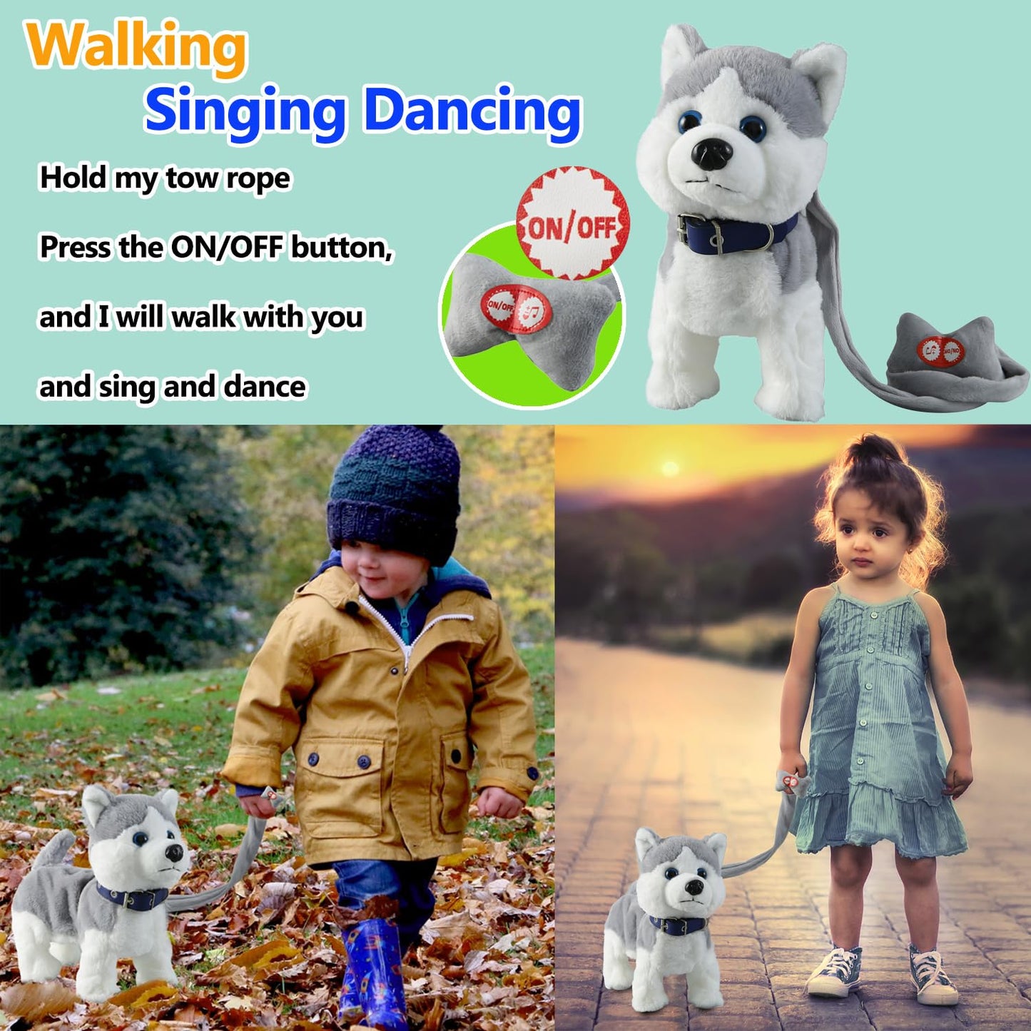 Husky Walking Dog Barking Toy, Musical Singing Dancing Dog, Volume Control Interactive Puppy Walk Along With Leash, Wagging Tail Shaking Head, Robot Dog Plush Stuffed Animal Puppy For Kid