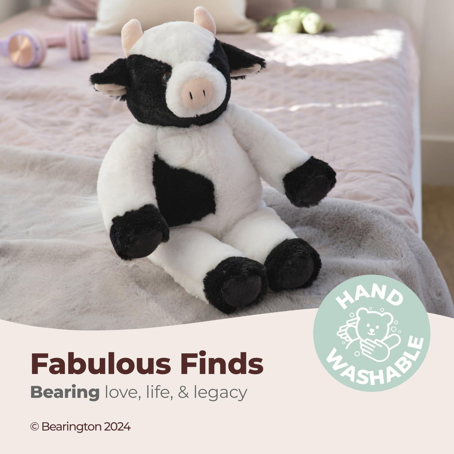 Bearington Cowlin The Cow Plush Toy: 15” Tall Friendly Stuffed Farm Animal, Black And White With Velour Faux-Fur And Soft Horns; Surface Washable; Great Gift For Boys, Girls, Animal Lovers Of All Ages