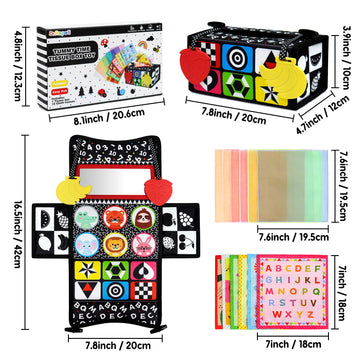 Dr.Rapeti Tummy Time Mirror Toy Tissue Box Toy 3In1 Baby Toy Black And White High Contrast Double-Sided Foldable Sensory Montessori Toy Crinkle Silk Scarves Teethers 0-6 6-12 Month Newborn Infant Baby