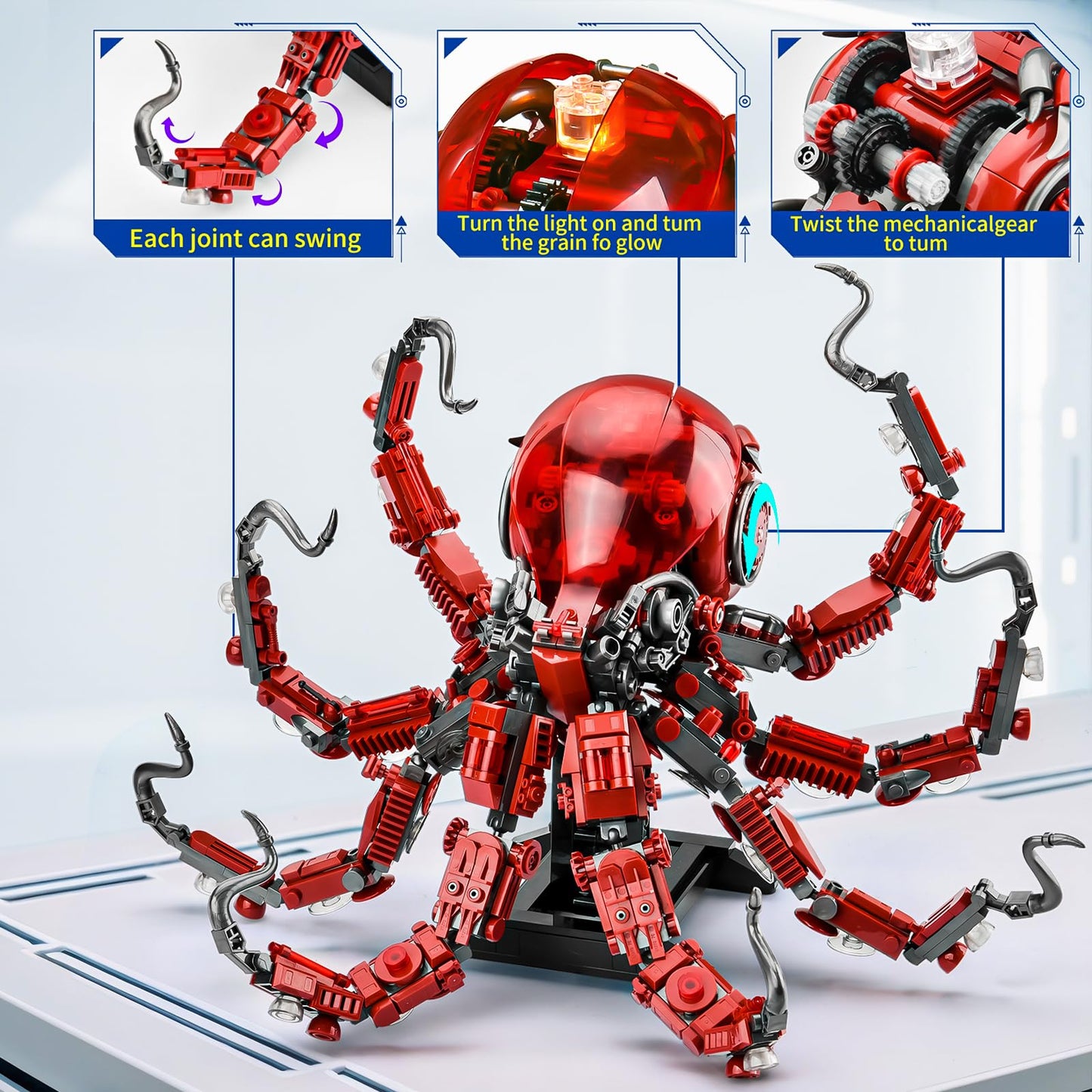 XITALAXU Mechanical Octopus Building Set - 882PCS Large Plastic Toy with Display Stand & Light, Red Ocean Animal Decor for Adults & Teens