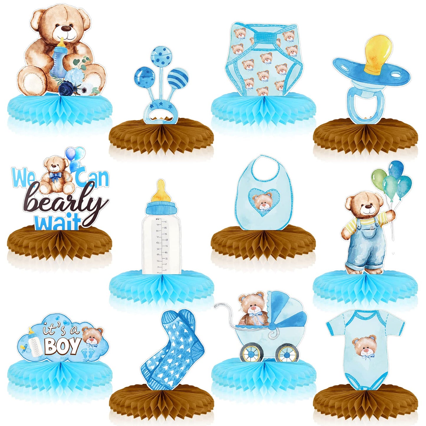12 Pcs Bear Centerpieces for Tables Bear Honeycomb Centerpiece Baby Shower Decorations Gender Reveal Boy Baby Shower Centerpiece