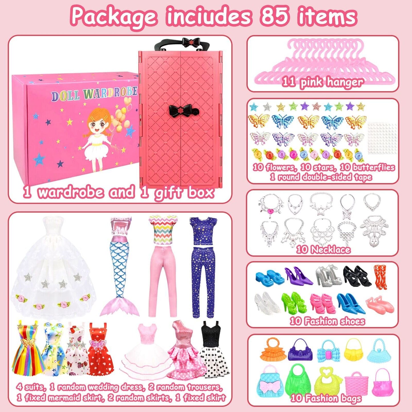 84 Pack Doll Clothes And Accessories With Doll Closet For 11.5 Inch Doll Fashion Design Kit Girl Doll Dress Up Including Wedding Dress Fashion Dress Outfits Tops And Pants Shoes Hangers Bags Necklaces