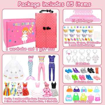 84 Pack Doll Clothes And Accessories With Doll Closet For 11.5 Inch Doll Fashion Design Kit Girl Doll Dress Up Including Wedding Dress Fashion Dress Outfits Tops And Pants Shoes Hangers Bags Necklaces