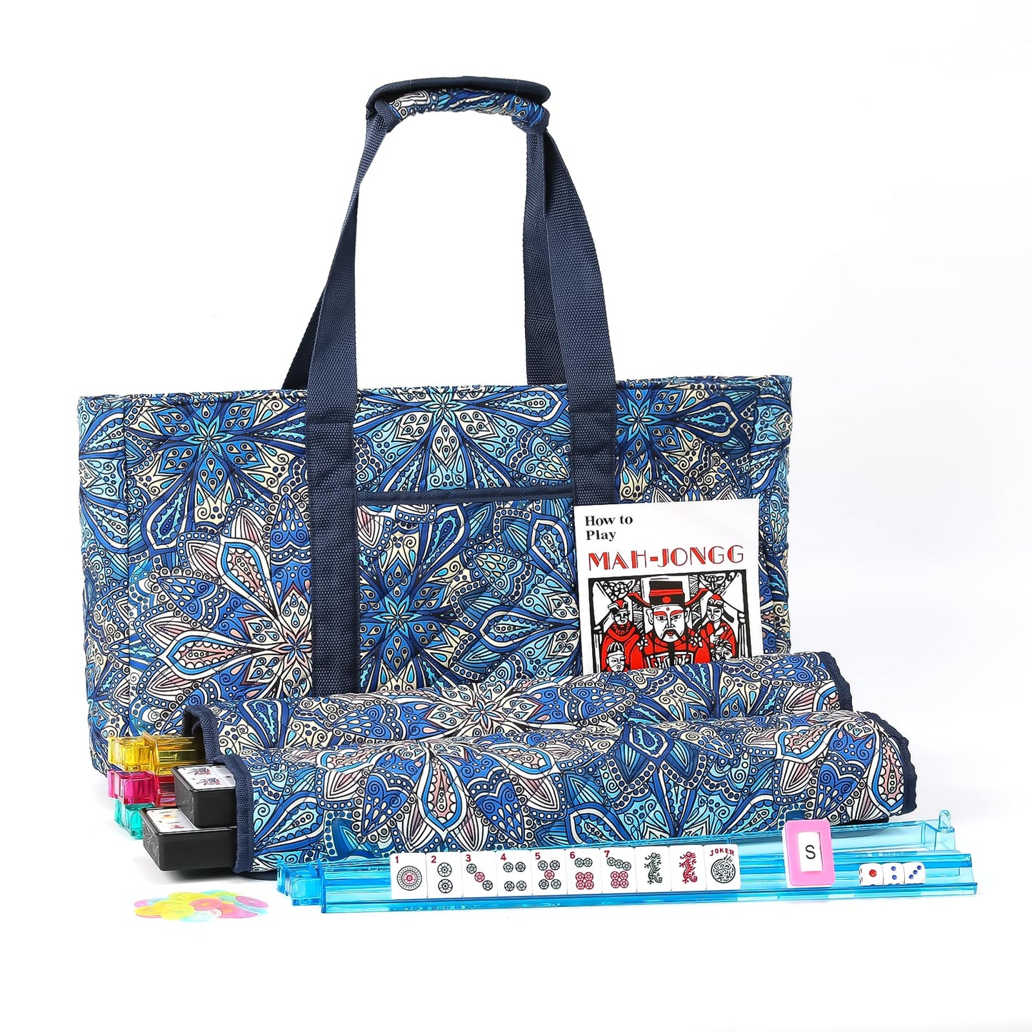 Kyerlish American Mahjong Tile Set with Blue Printed Carrying Bag  166 enhanced Tiles  4 All-in-One Color Racks/Pushers  Mah Jongg Sets  Mahjong Game Set for Travel  Christmas  Birthday Gifts