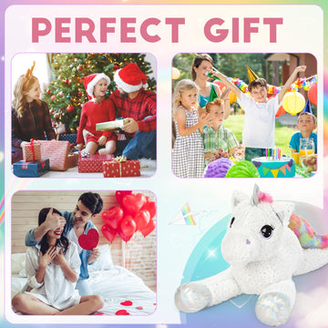 Tezituor 43In White Unicorn Stuffed Animal Toy With Big Embroidered Eyes,Exquisite Rainbow Tail And Dazzling Sequins,Lovely Unicorn Plush Birthday Decorations For Kids,Great Unicorns Gifts For Girls