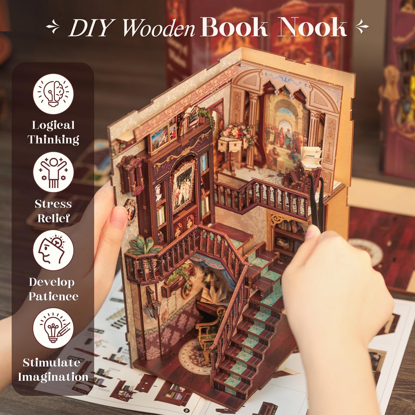 CUTEBEE Book Nook Kit - DIY Miniature House Dollhouse Kit for mature-themed and Teens  Booknook Bookshelf Decor Alley Model Build with LED Light  Gifts for Family and Friends (Library of Wisdom)