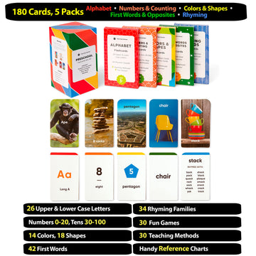 Think Tank Scholar Flash Cards For Preschool, Pre K And Kindergarten Set Of 5, 180 Cards - Learn Alphabets, Colors, Number, Shapes Animals & Sight Words - Educational Flashcards For Kids 2-5 Years