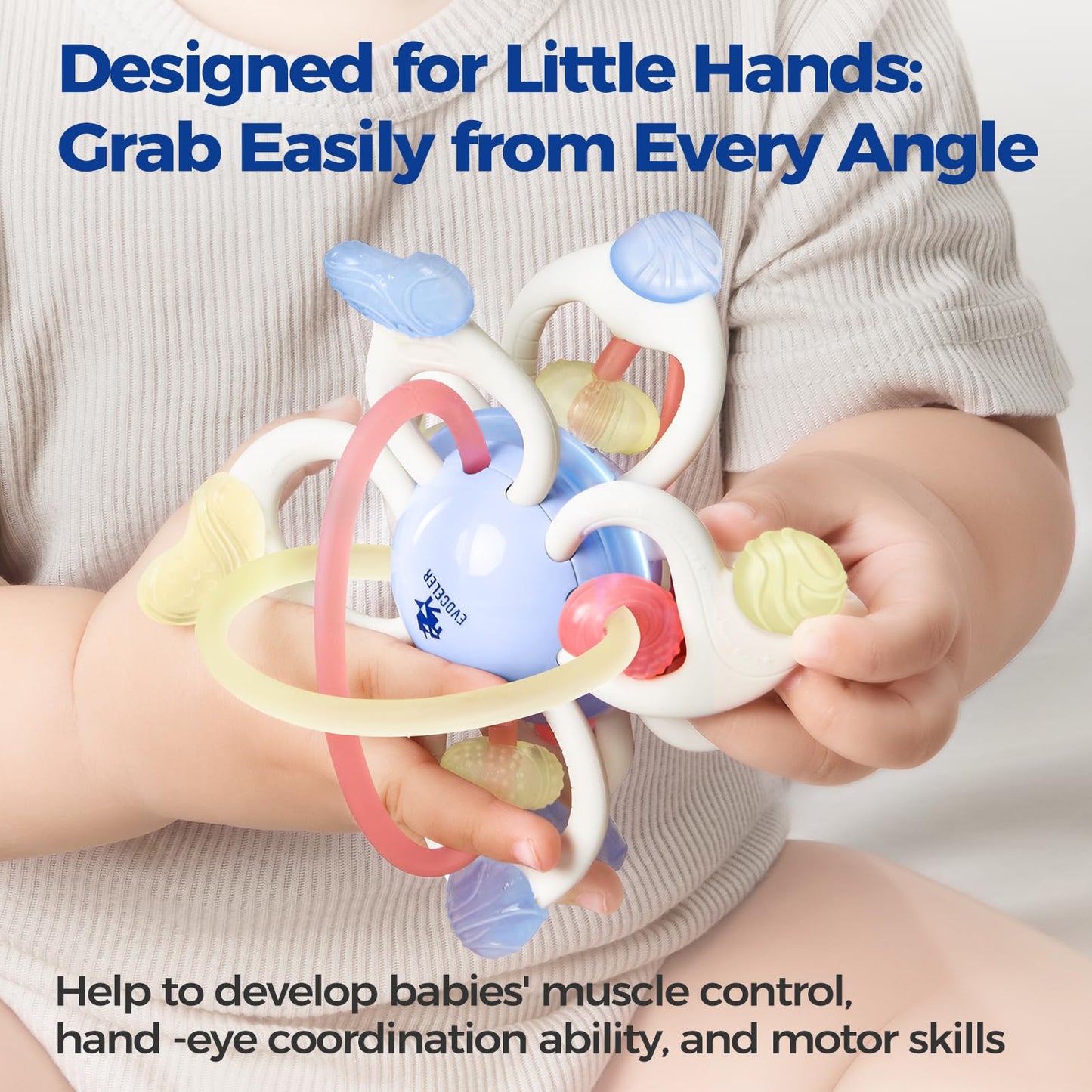 Evoceler Baby Toy, Montessori Sensory Teether Toy For 0-6, 6-12 Months, Rotatable 10 Textures Soft Silicone Teething Toy With St