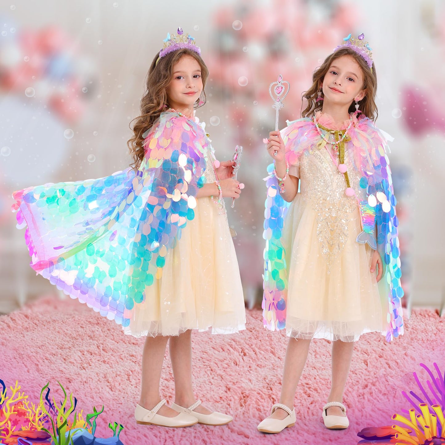 LIMIROLER Princess Dress Up Toys Set - 9 Pcs Rainbow Mermaid Cape Kit for Girls 3-8 Years, Polyester, Great Gift for Birthdays & Holidays