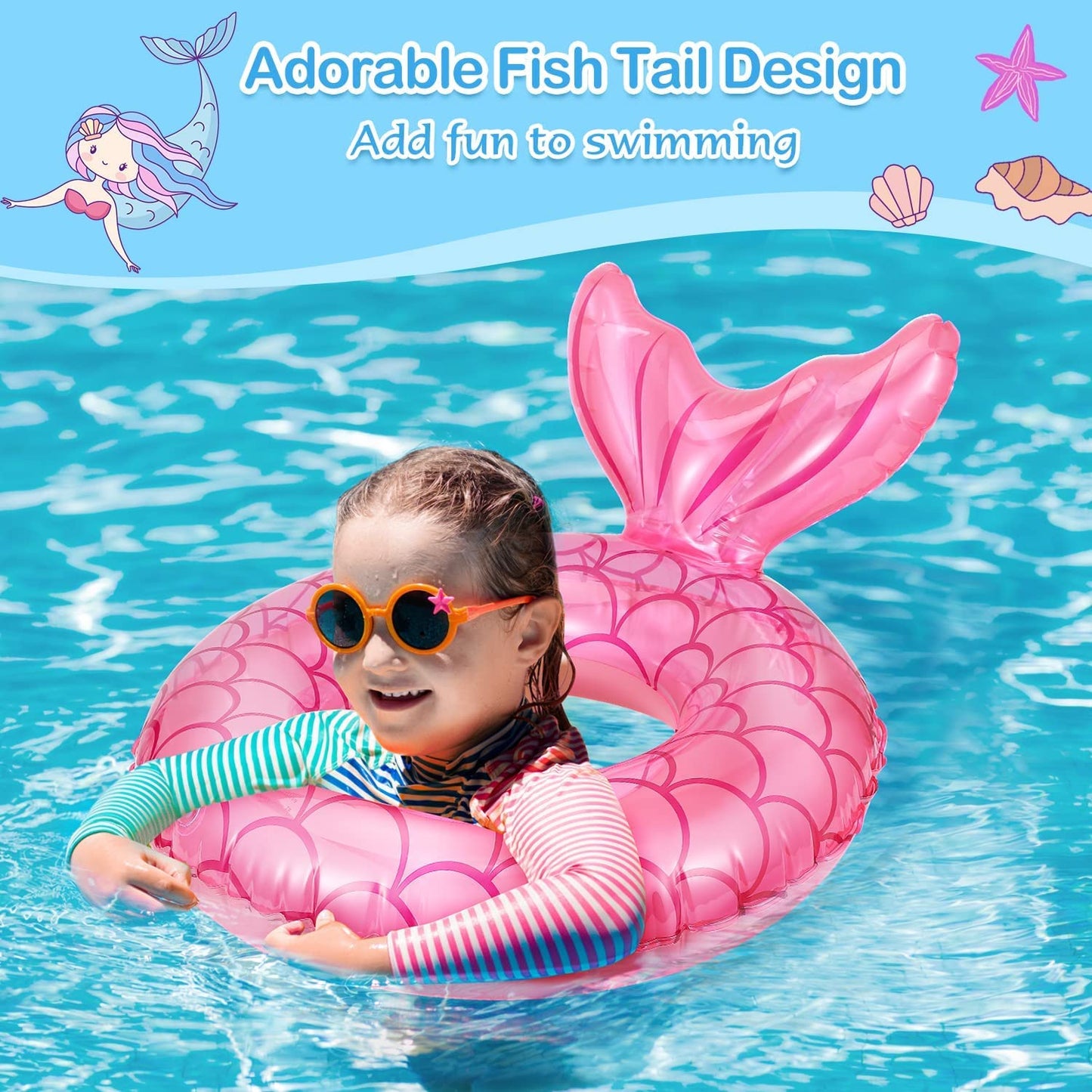 Moko Inflatable Fish Tail Swim Ring, Summer Swimming Float Swimming Circle Pool Float Ride On Pool Raft Tube Outdoor Pool Beach Water Floats Party Supplies Kids Floaties, Rose Gold