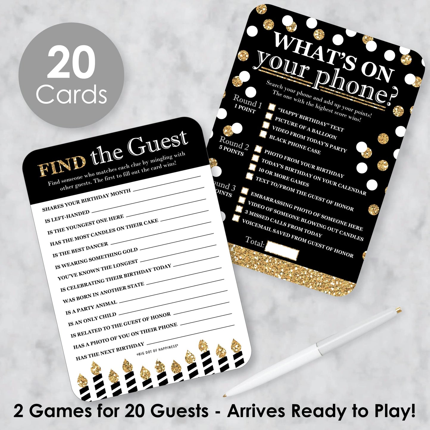 Big Dot of Happiness mature-themed Happy Birthday - Gold - 2-in-1 Birthday Party Cards - Activity Duo Games - Set of 20