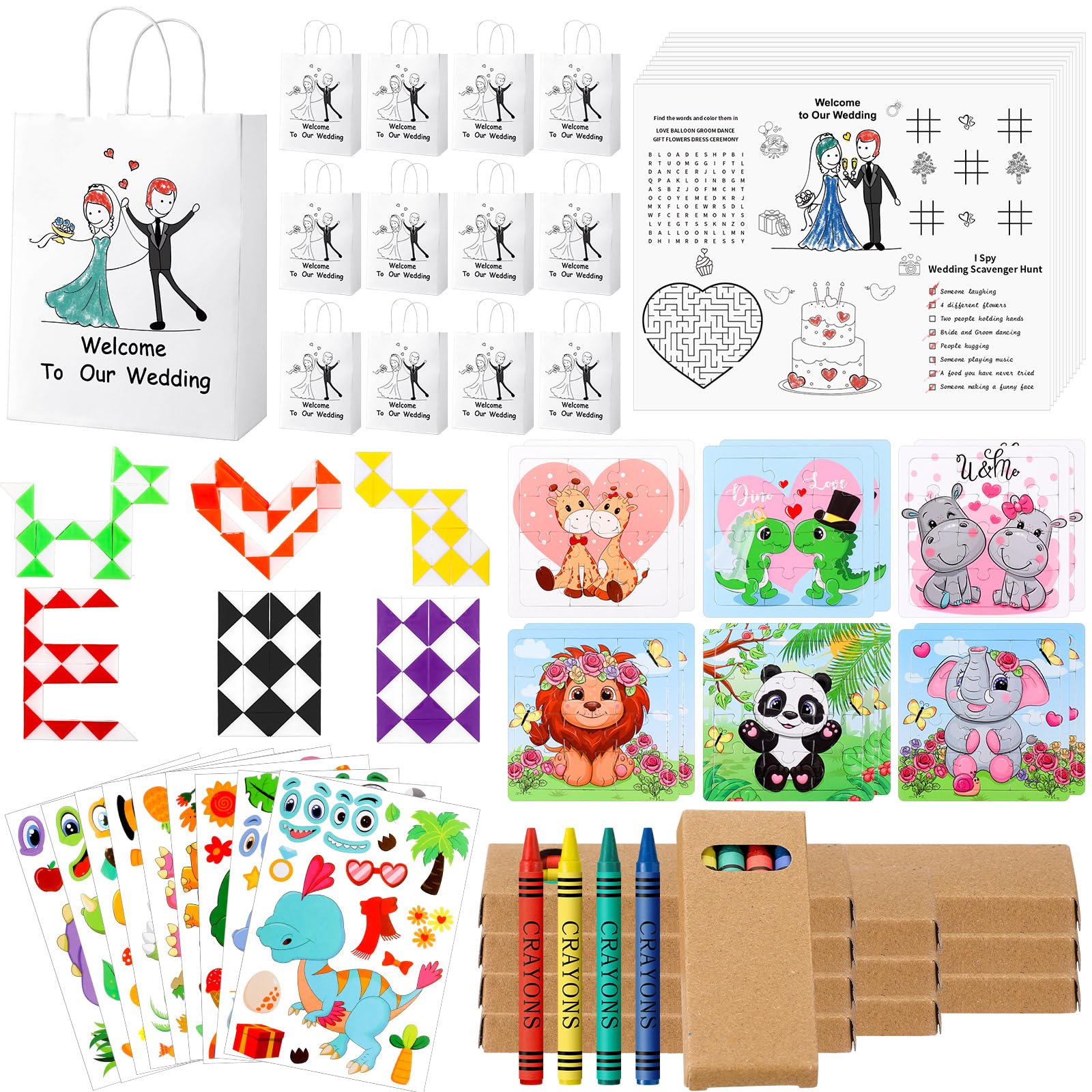 VercanMonth 12 Set Wedding Activities Includes 12 Coloring Placemats with Crayons 12 Puzzle 12 Animals Stickers 12 Wedding Gift 