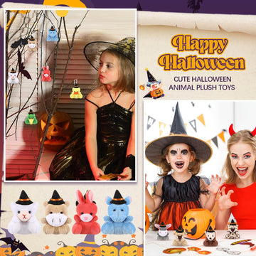 Blueweenly 12 Pcs Mini Halloween Stuffed Animal Toys - Small Animal Plush Key Chains With Black Witch Hat - Tiny Halloween Theme