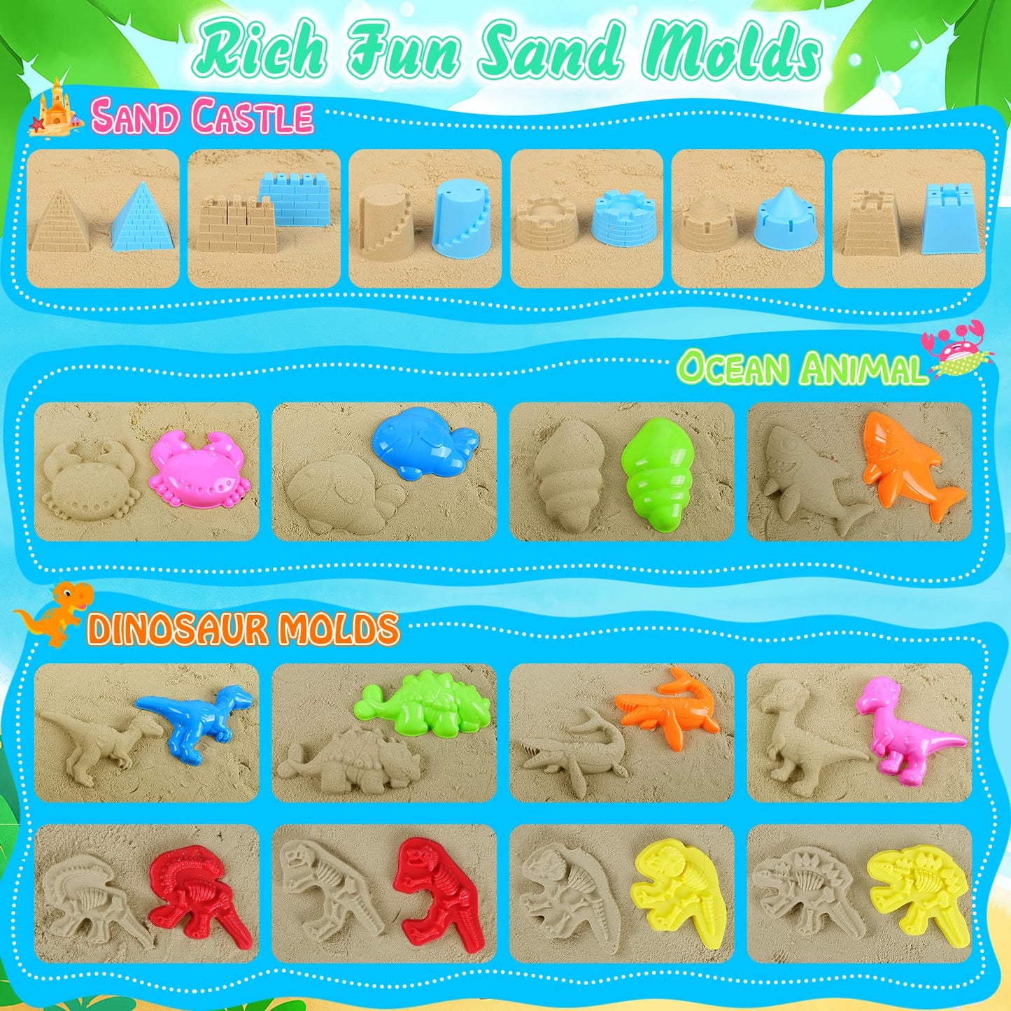 Beach Toys, 36Pcs Dinosaur Sand Toys for Kids Toddlers, Sandbox Toys with 2 Truck, Collapsible Beach Bucket, Mesh Bag, Sand Mold