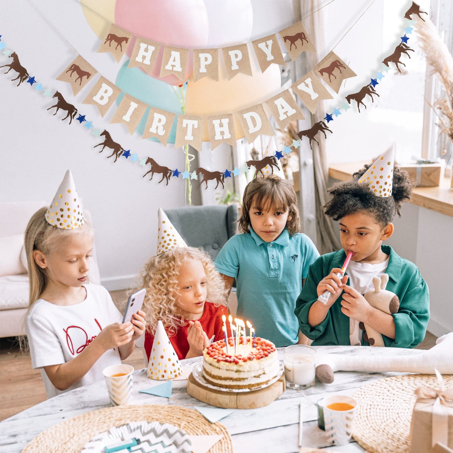 Horse Birthday Decorations - Happy Birthday Burlap Banner - Felt Horse Garland And Pennant Banner - Western Party Decorations -