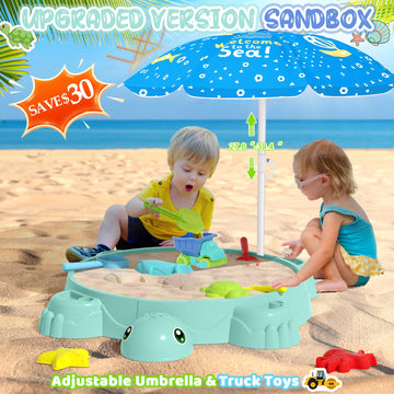 Upgraded Kids Turtle Sandbox With Lid & Adjustable Umbrella, Truck Toy & 8Pcs Sand Shovels, Sand Box With Cover, Beach Toys For
