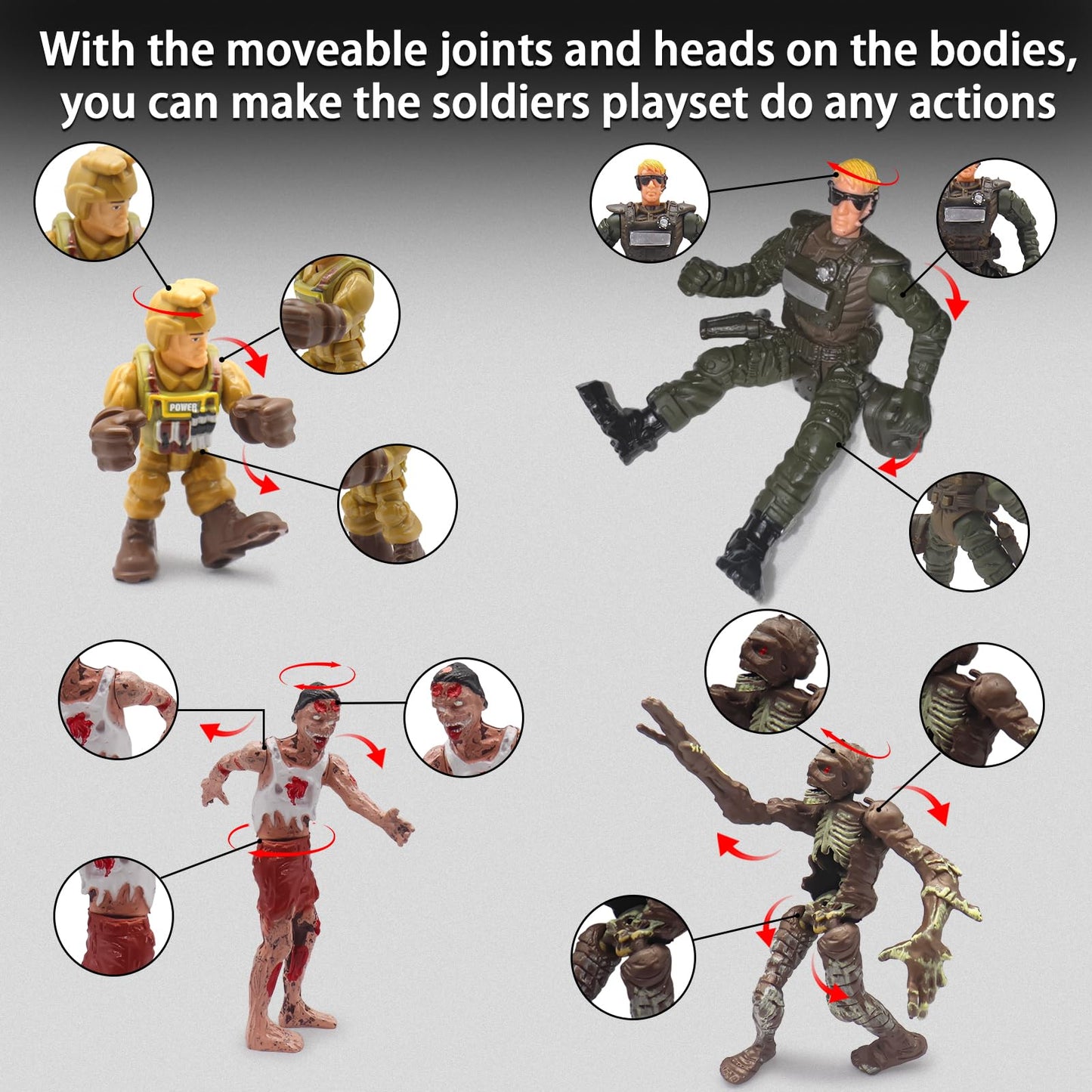 Qutumill Army Men Action Figures Playset  30 PCS Soldiers Zombies Monsters Action Figures with  Gear Equipment Accessories - 4 Inches Military Action Figures Toy for Boys Ages 6-12 Years Old