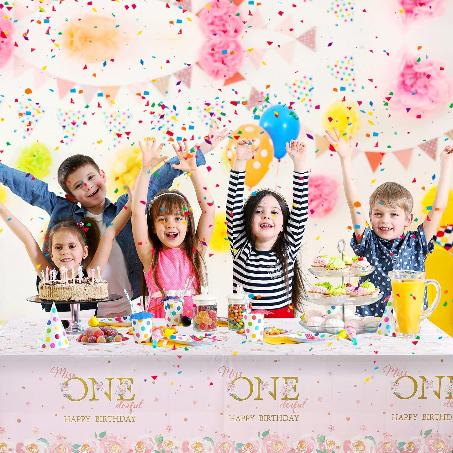 Tatuo 3 Pieces 1st Birthday Party Tablecloth Flower One First Birthday Table Cover Disposable Floral Miss Onederful Plastic Tabl