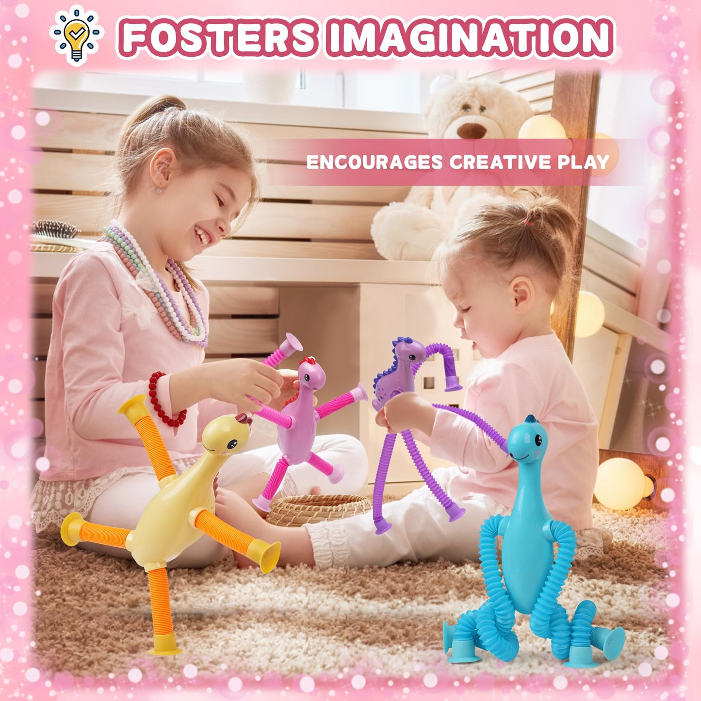Dinosaur Led Pop Tubes,Valentines Day Gifts For Kids,4 Pack Dinosaur Fidget Toys,Sensory Toys Gifts For Boys Girls,Dinosaur Vale