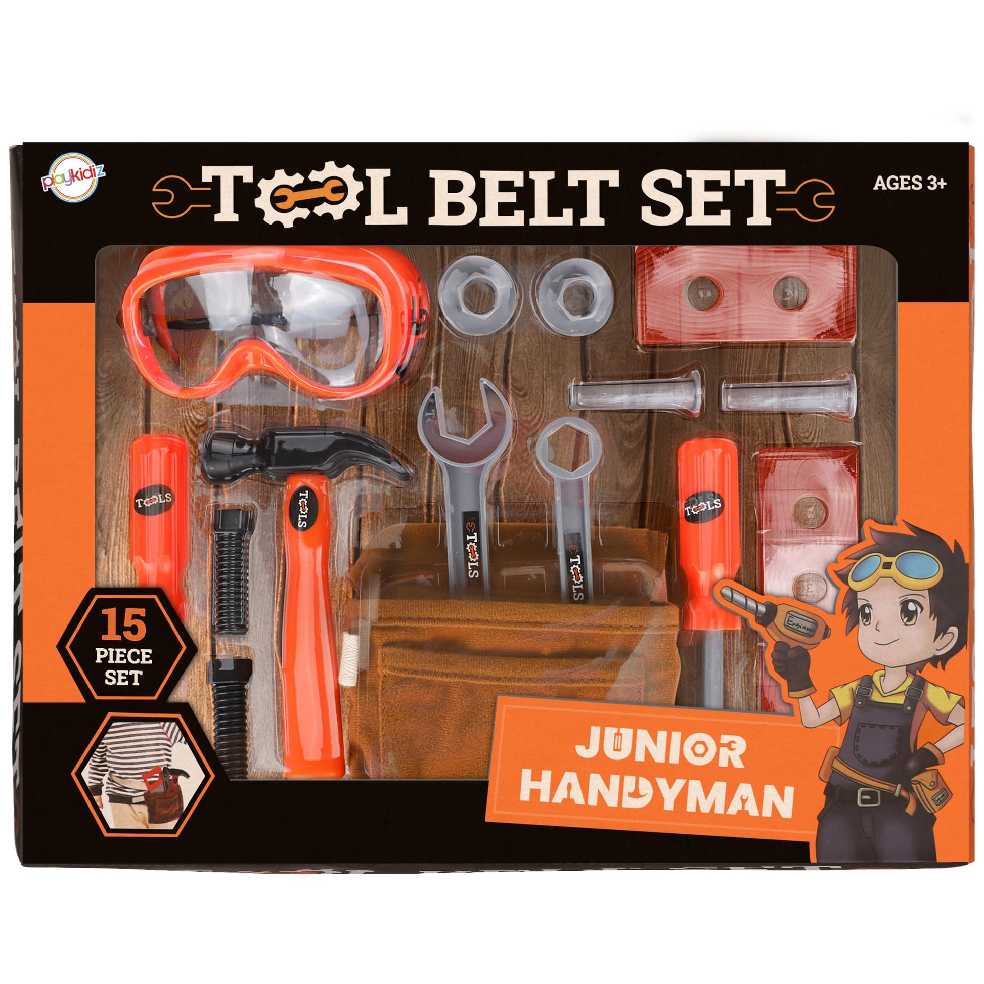 Playkidiz Kids Tool Belt Set - Adjustable Toddler Tool Belt to Pretend Construction, 15pc Durable Kids Toy Tool Set for Learning