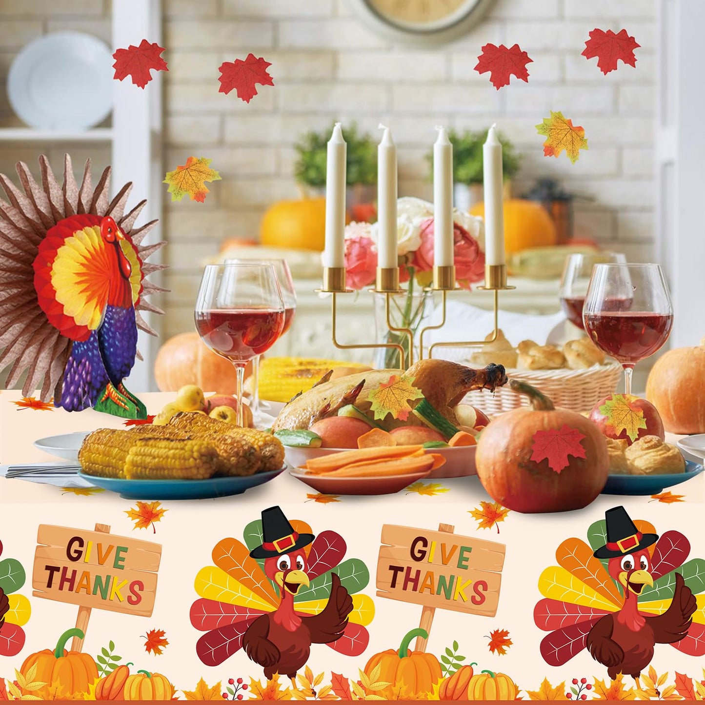 Thanksgiving Tablecloth 3 Pcs Fall Table cloths Rectangle Maple Leaf Pumpkin Turkey Table cloth Autumn Tablecover for Thanksgivi