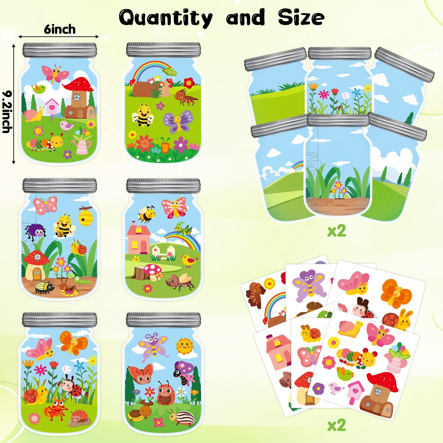 Cy2Side 12Pcs Summer Bugs Stickers Scene For Kids, Make A Bug Jar Sticker Scene With Butterfly Bee Ladybug Flower, Make Your Own Insect Stickers With Jar Scene, Diy Summer Party Games Class Activities