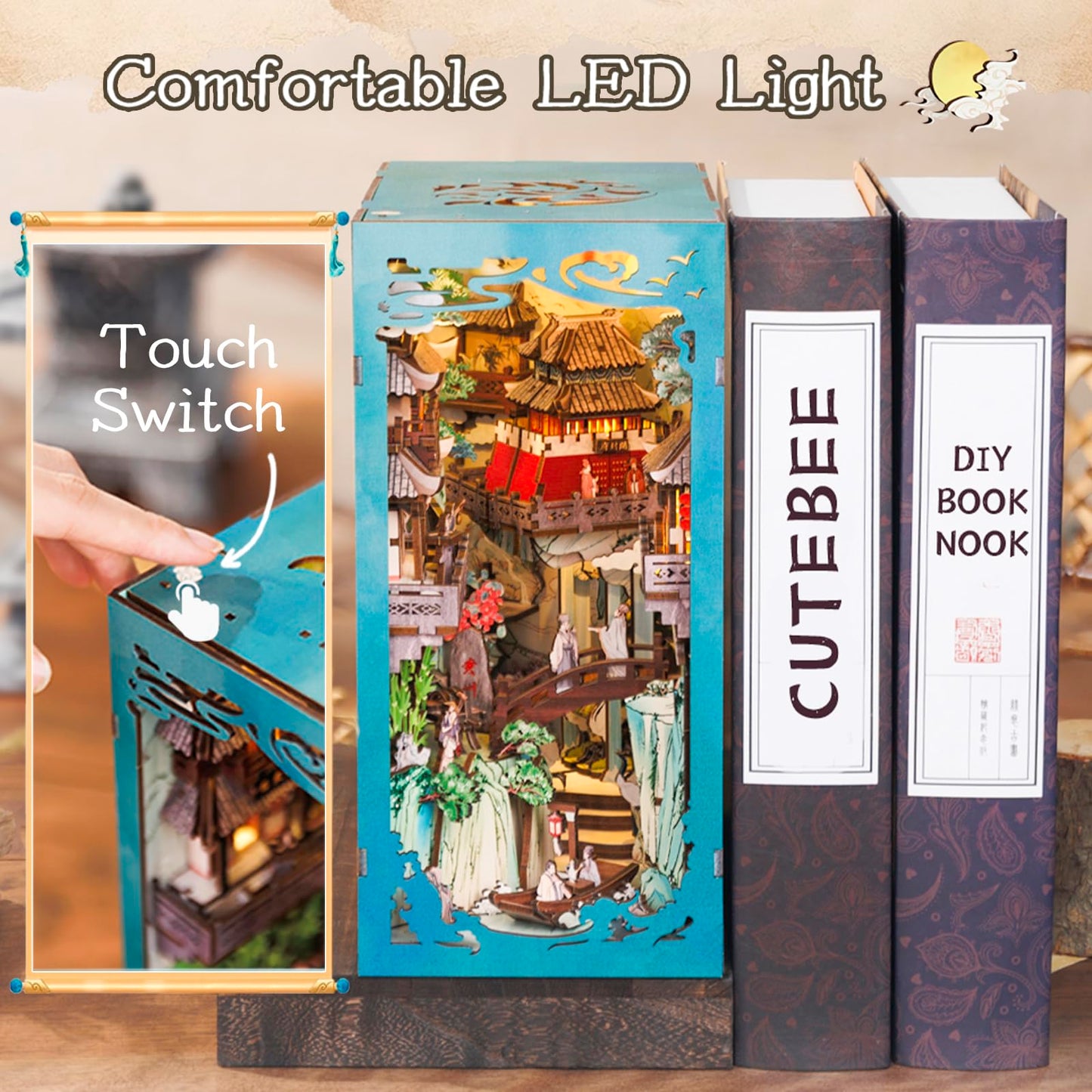 Cutebee Diy Book Nook Kit For Adults, Diy Wooden Miniature House Dollhouse Kit Ancient Chinese Landscapes Bookshelf Insert Decor