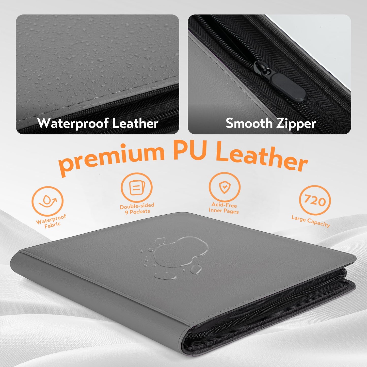 SMYV 12 Pocket Trading Card Binder  enhanced PU Cover Card Binder for 720 Cards  Ringless Side Loading Card Collection Album Folders for MTG  TCG  Game Cards & Sports Cards (Grey)