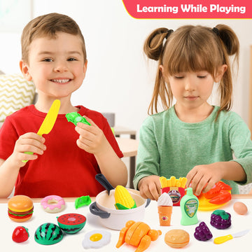 HOLYFUN Play Food Toy Set for Kids Kitchen, Shopping Basket with Cutting Fruit & Vegetables Accessories, Pot and Pan, Plastic Di