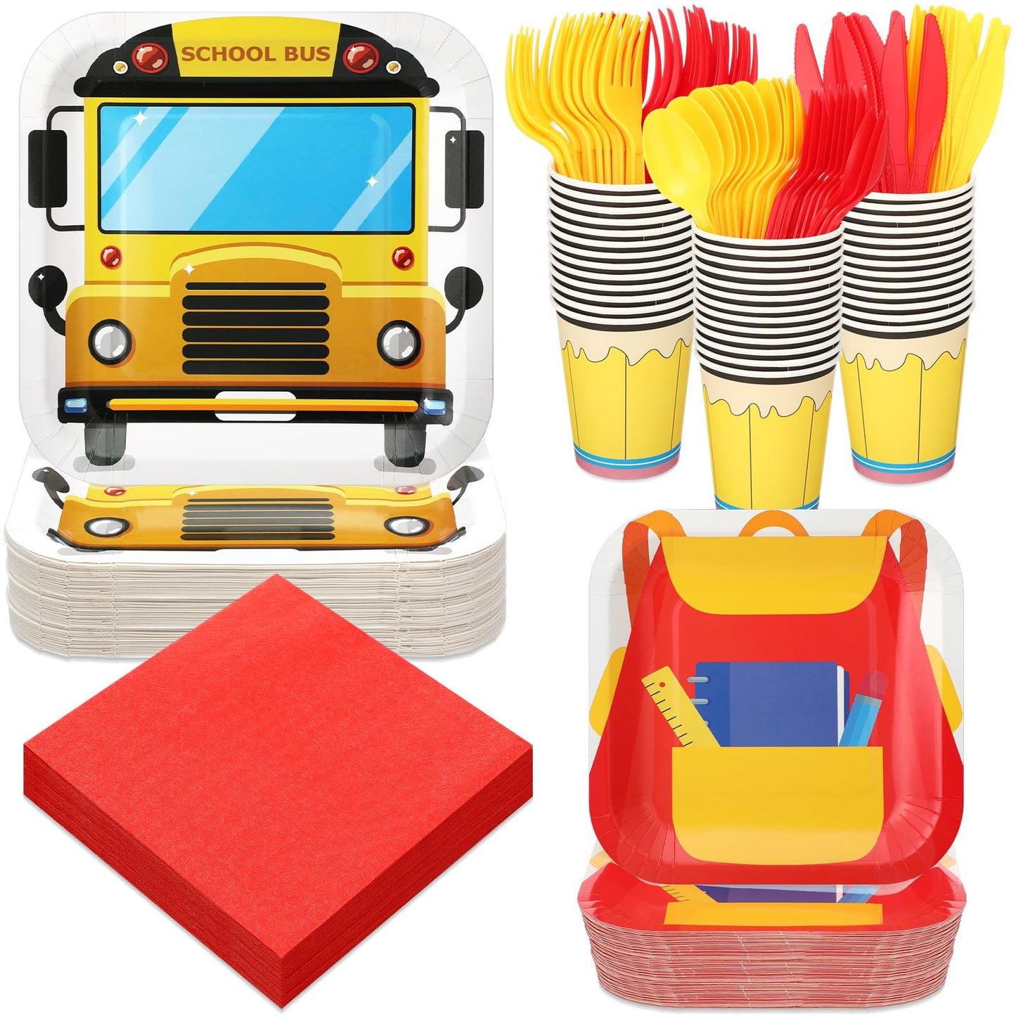 Zubebe 168 Pcs Back to School Disposable Dinnerware Set First Day of School Paper Plates and Napkins Cups Disposable Tableware P