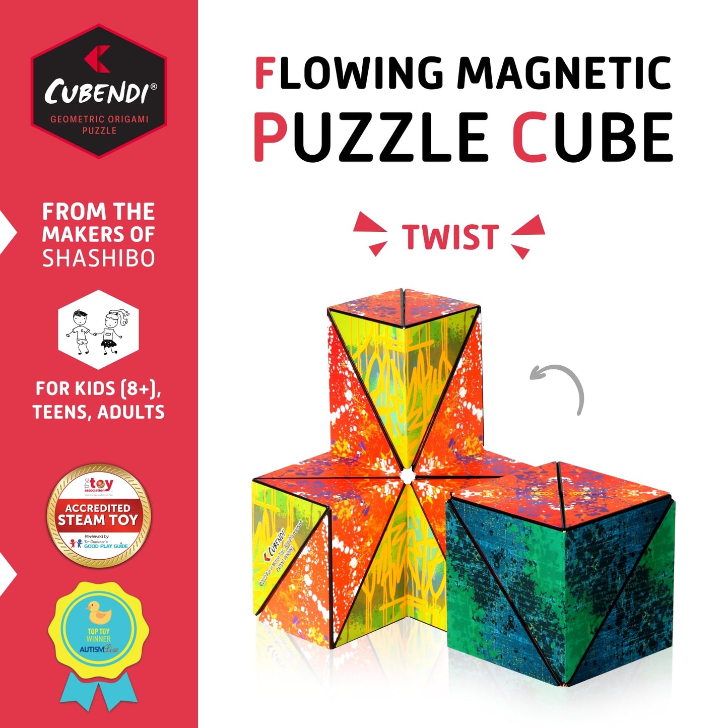 Cubendi Geometric Origami Puzzle - Infinity Fidget Cube, Magnetic with 48 Rare Earth Magnets, Twist Color, Model CB01TW