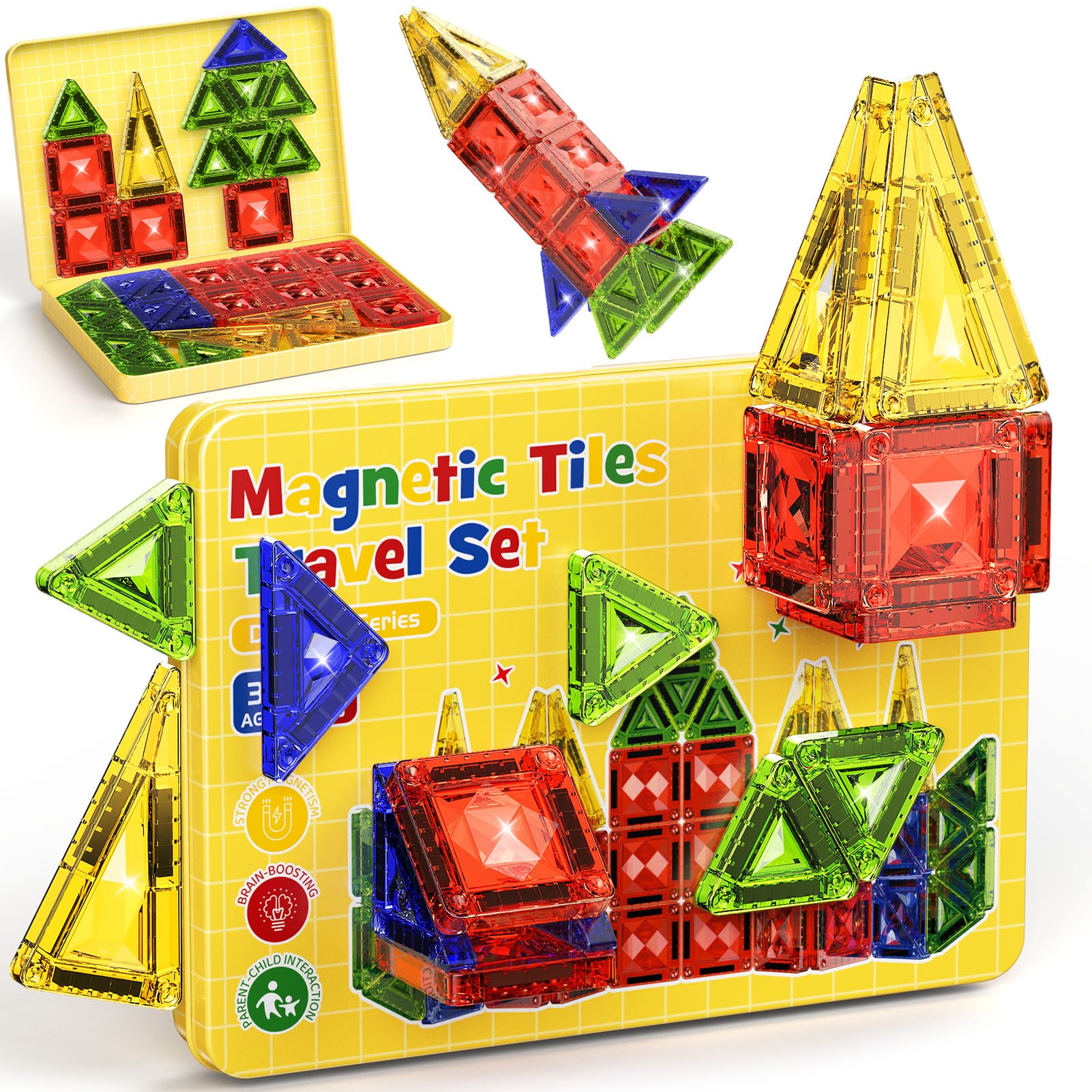 Mini Magnetic Tiles Travel Set - 40PCS Diamond Texture Magnetic Building Blocks for Kids  10% Thicker & Portable Yellow Metal Storage Box  Montessori STEM Educational Toys Gift for Ages 3+