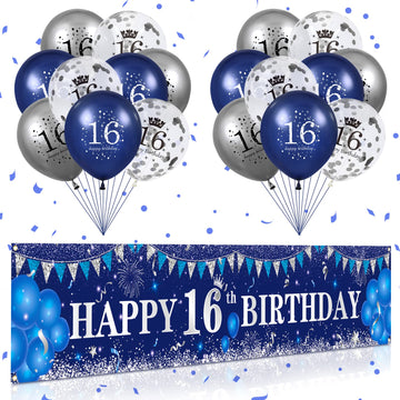 Blue 16Th Birthday Decorations For Boys Girls, Navy Blue Silver Happy 16Th Birthday Banner And 16Th Birthday Balloons For 16Th Birthday Anniversary Party Supplies, Sixteen Year Old Party Decorations