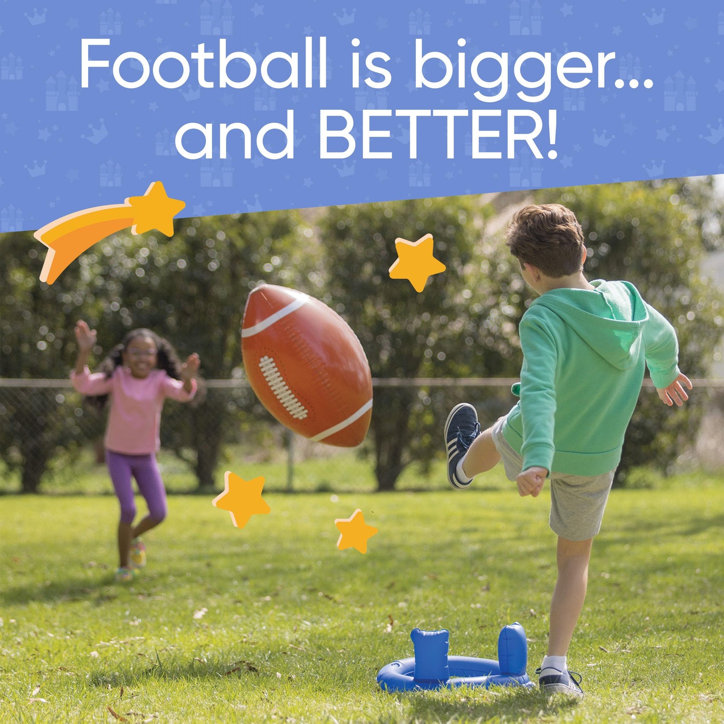 Hearthsong Jumbo Sized Inflatable Football With Kickoff Tee, 23' L X 11' W, Includes Ground Stakes, Ages 3 And Up