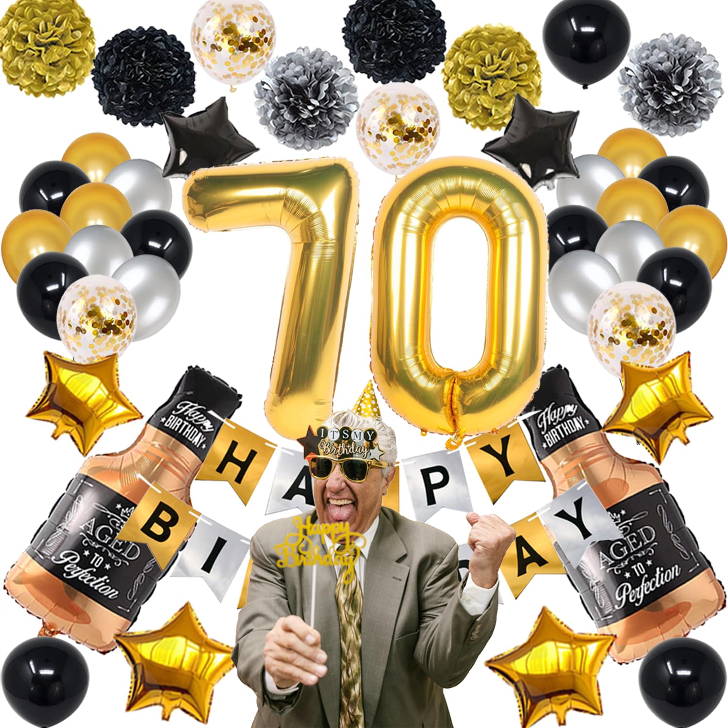 Naninuneno 70Th Gold Birthday Decorations, Gold Black Silver Happy Bir ...