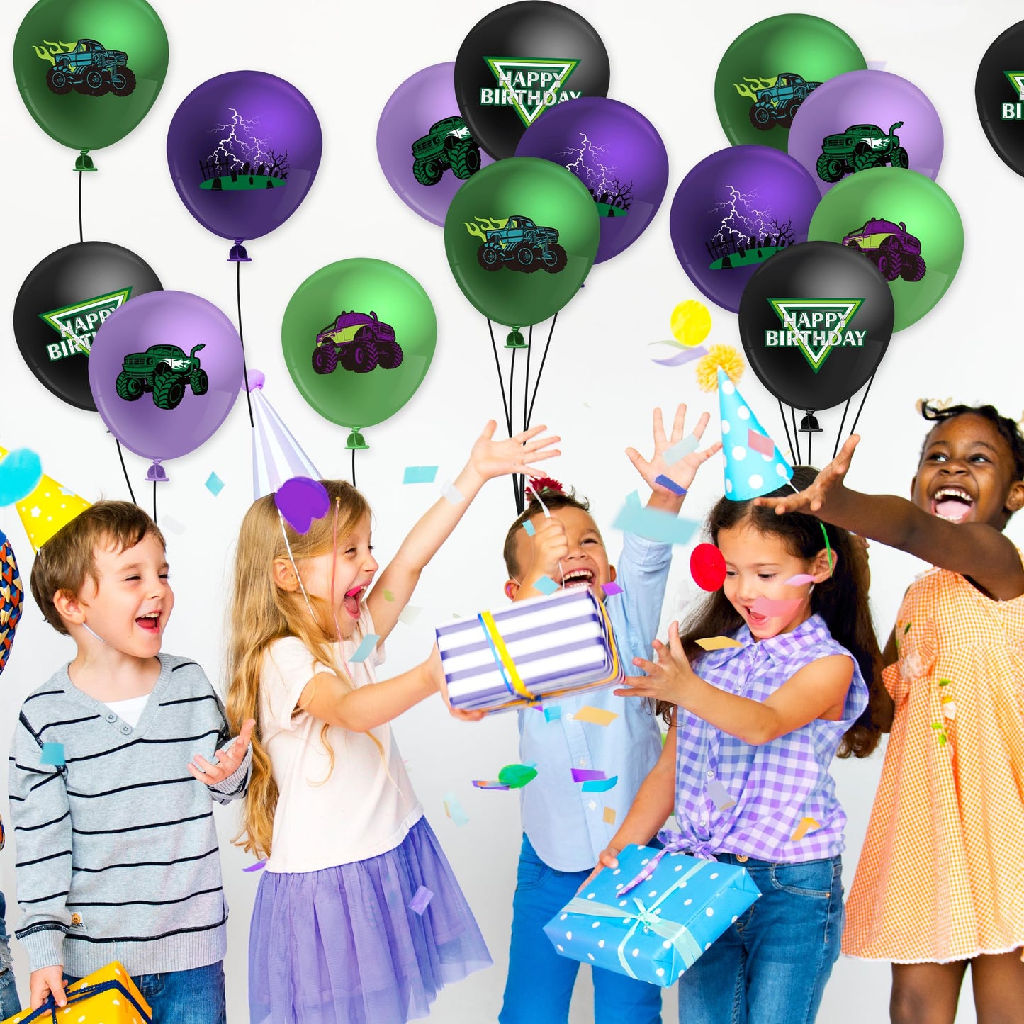 Haooryx Monster Truck Birthday Balloon - 50Pcs Green Purple Monster Truck Lightning Print Latex Balloon Kit For Kid Boy Baby Shower Happy Birthday Themed Party Decoration Photo Prop Backdrop Supply
