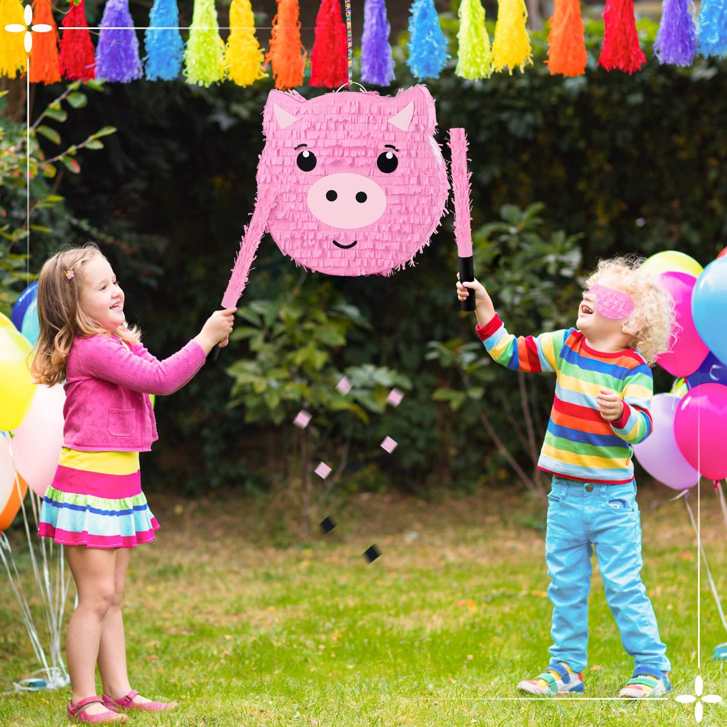 Deekin Pig Piñata Stick Set with Blindfold and Confetti - Pink Party Supplies for Kids Birthday and Farm Theme Celebrations