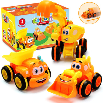 Toys for a 2 Year Old Boy - 3 Friction Powered Trucks for 2+ Year Old Boys, Push & Go Cars Cartoon Construction Vehicle Set - To