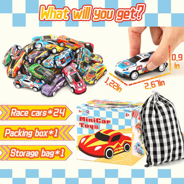 SevenQ 24Pcs Pull Back Race Cars Playset with Storage Bags - Kids Party Favors & Bulk Gifts for Boys and Girls