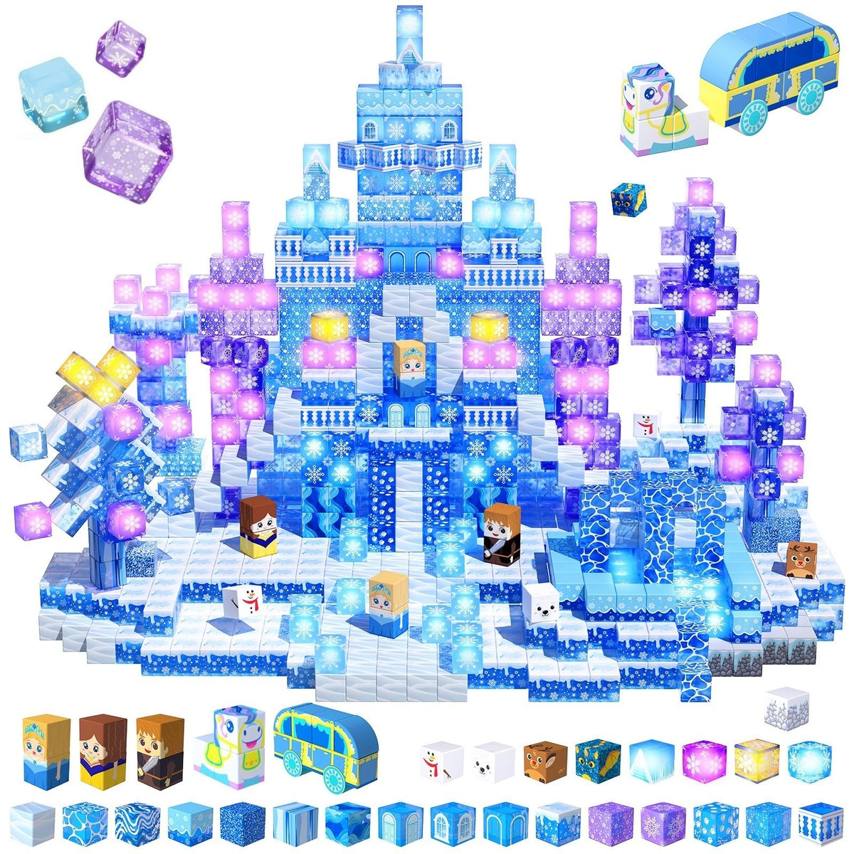 200 PCS Transparent Magnetic Blocks, Light Up Magnetic Building Block for Blue Snow Princess Castle, Frozen Magnet Cubes STEM To