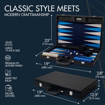 Pointworks 19 Inch Premium Backgammon Sets For Adults Leather Black - Blue. Premium 1.6 Inch Checkers & Dice Set, Travel Backgam