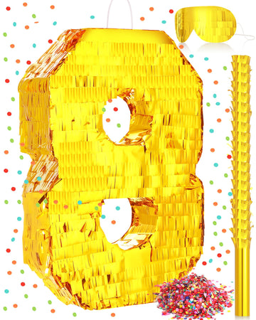 Sratte Number Piñata Birthday Piñata Decorations Gold Foil Piñata With Stick Blindfold Confetti For Boy Girl Birthday Party Decorations Anniversary Celebrations Fiesta Supplies(Number 8)