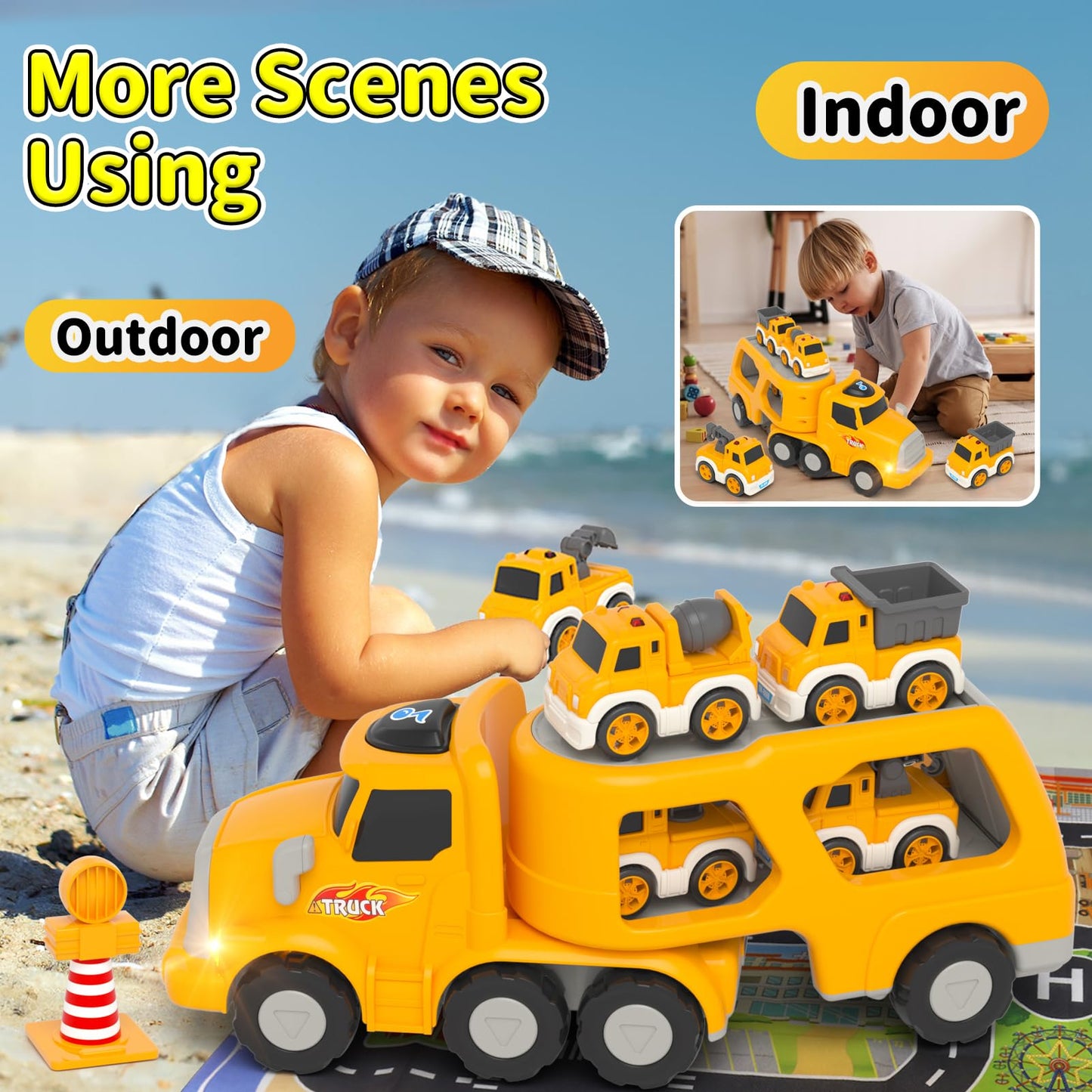 Newcrave Toddler Toys for 2 3 4 5 Year Old Boys, 8 in 1 Construction Trucks Vehicle Playset with Play Mat, Construction Truck To