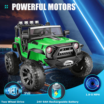 Hikole 24V 9Ah Ride On Toys With Remote Control, 2 Seater Kids Electric Car Vehicles, 3 Speeds, Led Lights, Music, Bluetooth, 24 Volt Ride On Toys For Boys, Green